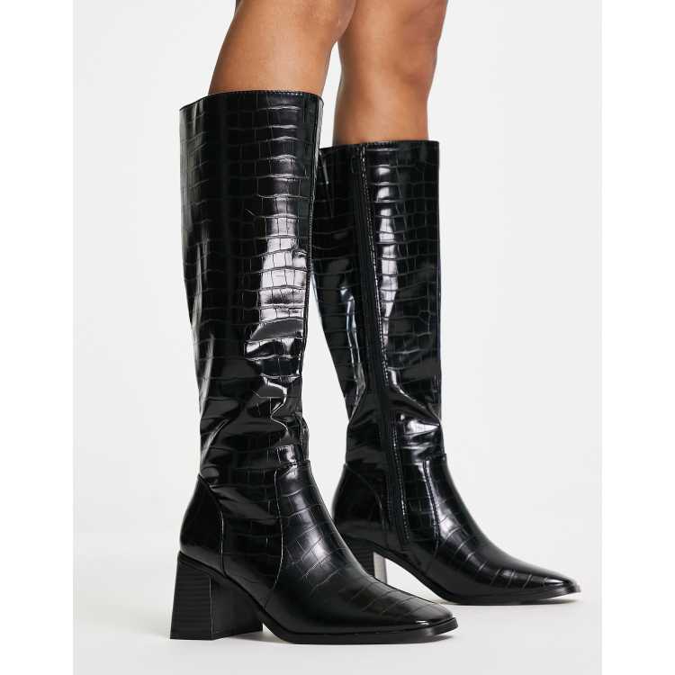 Office Kabul block heel knee boots in black croc PU