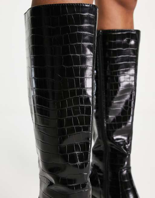 Office Kabul block heel knee boots in black croc PU