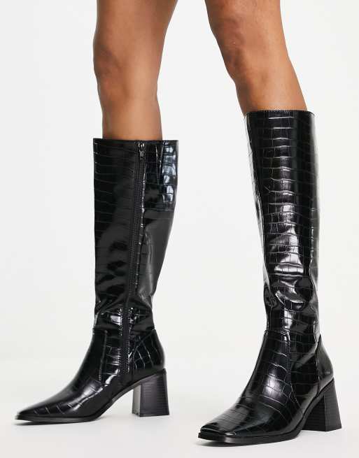 Office Kabul block heel knee boots in black croc PU