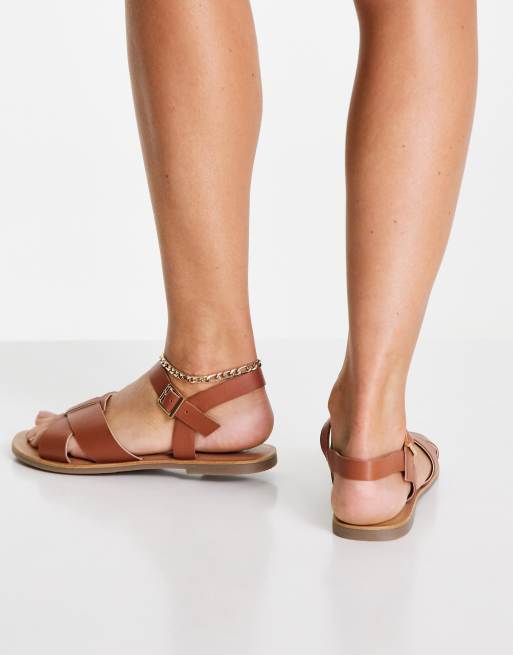 Office Smooth real leather two part flat sandals in tan ASOS