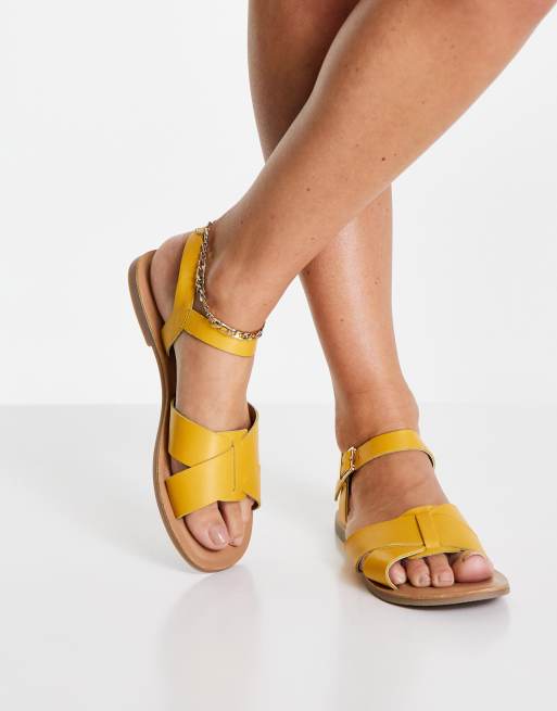 Office Smooth real leather two part flat sandals in yellow ASOS