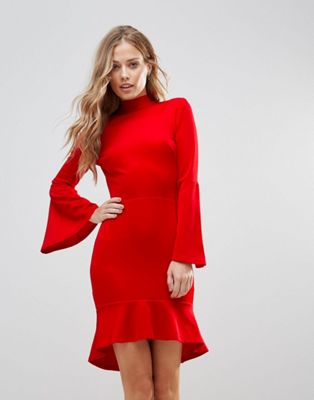 Oh My Love – Midiklänning med utsvängda ärmar och peplum nertill-Röd