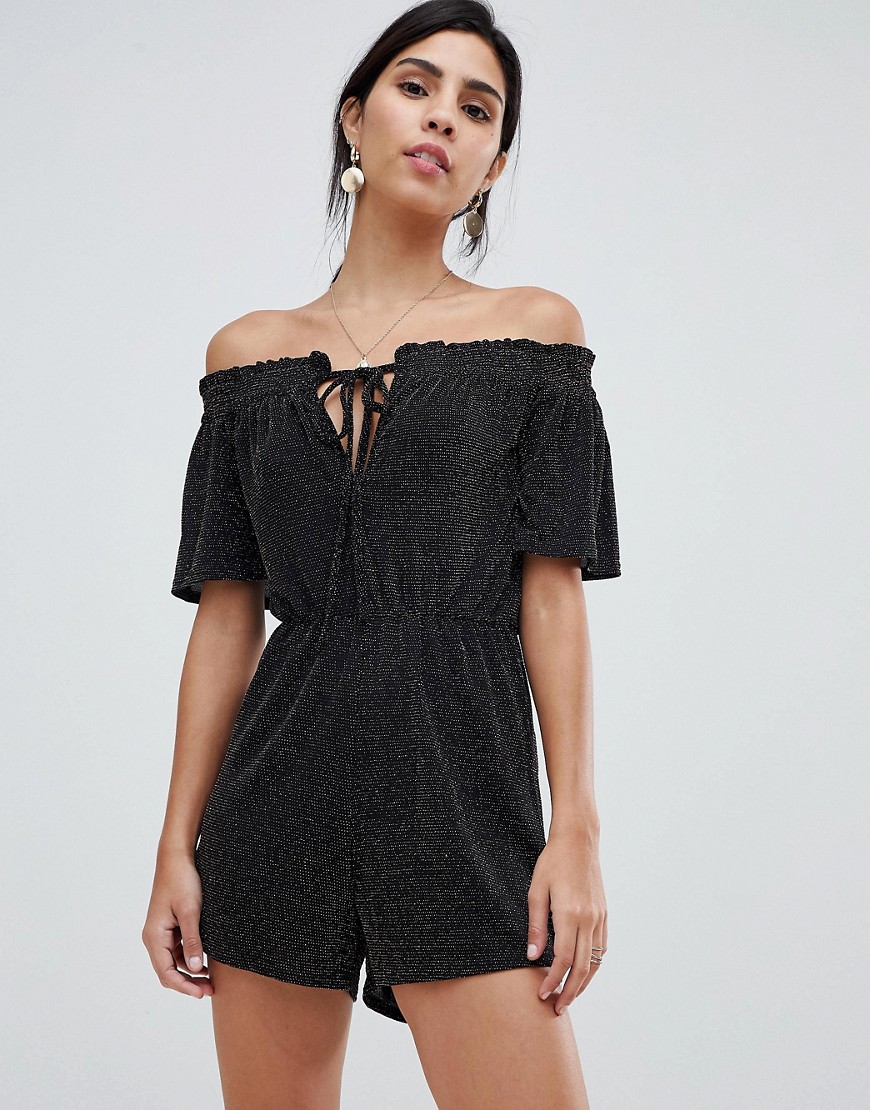 Oh My Love Off The Shoulder Tie Playsuit-Black