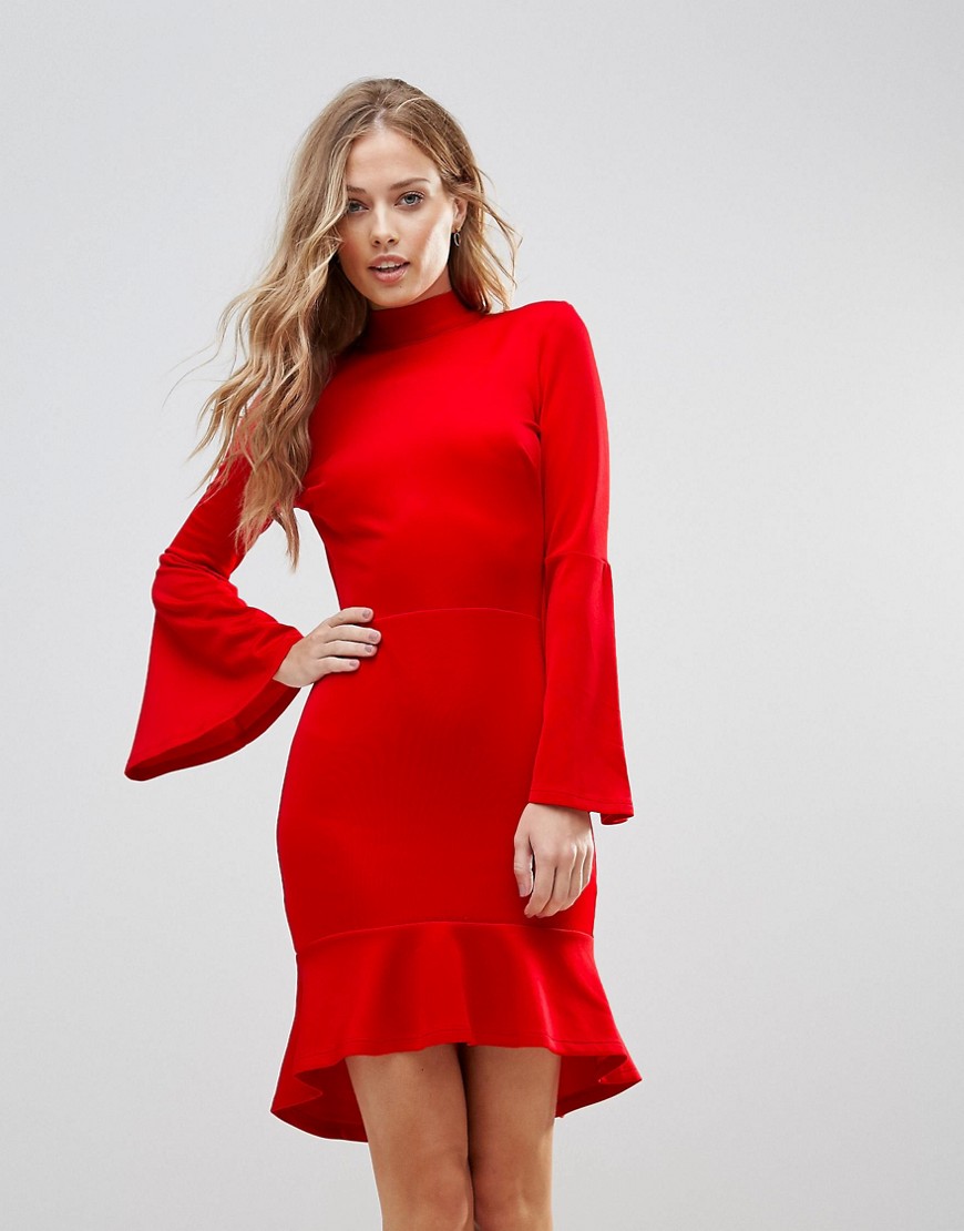 Oh My Love Pephem Midi Dress With Flare Sleeve-Red