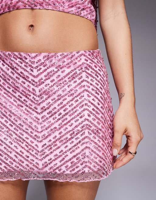 Oh Polly Adhara glitter embellished low rise a line mini skirt co-ord in pink , 3 of 5