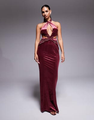 Oh Polly Adriana Halter Neck Velvet Maxi Dress In Brown