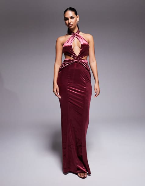 Oh Polly Adriana halter neck velvet maxi dress in wine