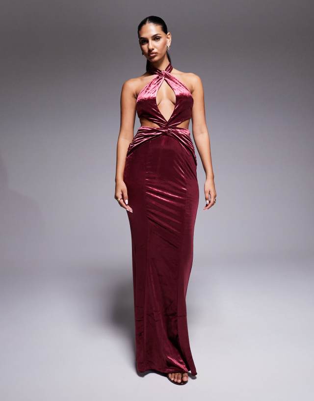 red halter bodycon dress Sofija Slinky Jersey Plunge Halter Neck Ruched Mini Dress in Scarlet Red main image 0
