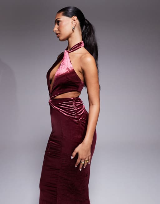Oh Polly Adriana Halter Neck Velvet Maxi Dress in Wine-red