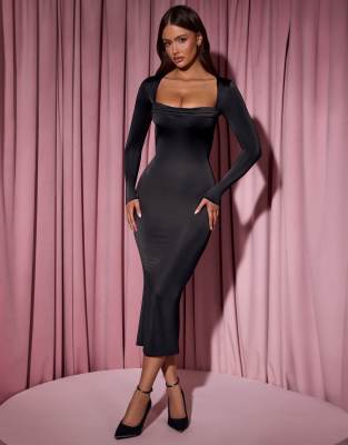 Oh Polly Aimee Square Neck Midi Dress With Open Back In Brown