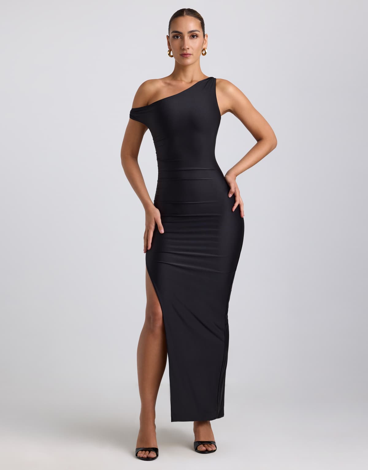 Oh Polly Akeeva asymmetic shoulder midaxi dress with thigh split in black