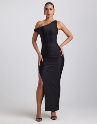 Oh Polly Akeeva Asymmetric Shoulders Midaxi Dress With Thigh Slit In Black