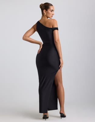 Oh Polly Akeeva Asymmetric Shoulders Midaxi Dress With Thigh Slit In Black