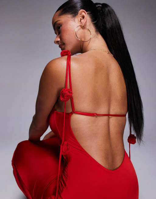 Oh Polly Aldona slinky jersey rose detail maxi dress in scarlet red | ASOS