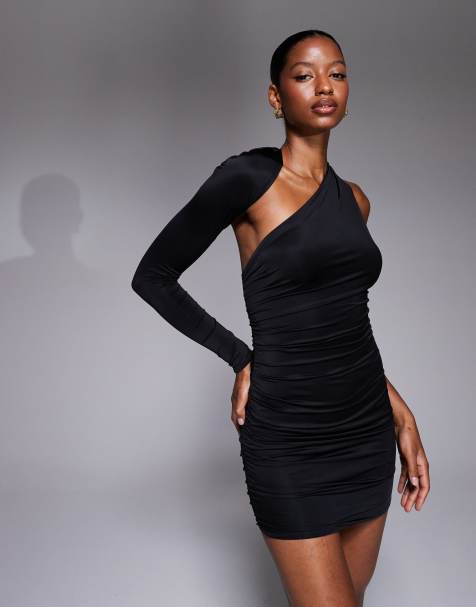 Oh Polly Aliana ruched asymmetric cut out one sleeve mini dress in black - view 1