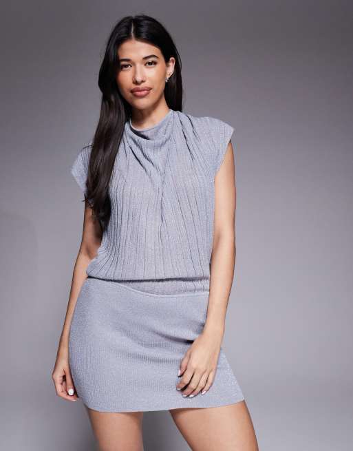 Oh Polly Amanita metallic knit backless batwing mini dress in silver, 3 of 4