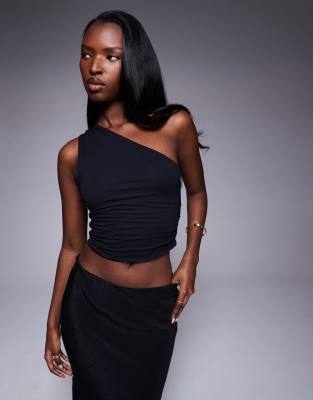 Oh Polly Andi one shoulder crop top in black - view 1