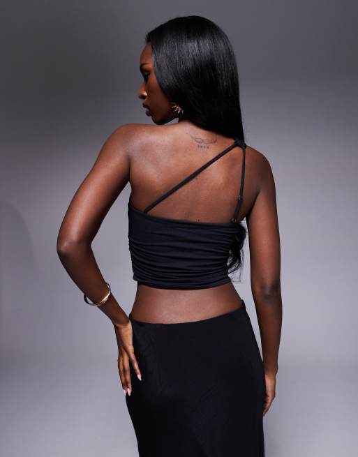 Oh Polly Andi one shoulder crop top in black, 3 of 4