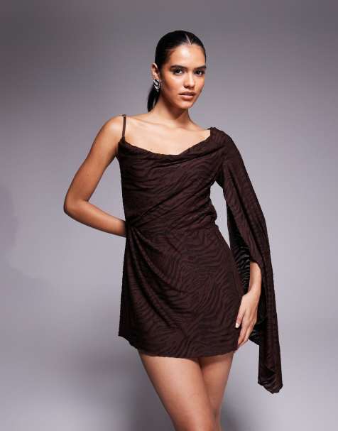 Oh Polly Angelie devore one-sleeve mini dress in chocolate - view 1