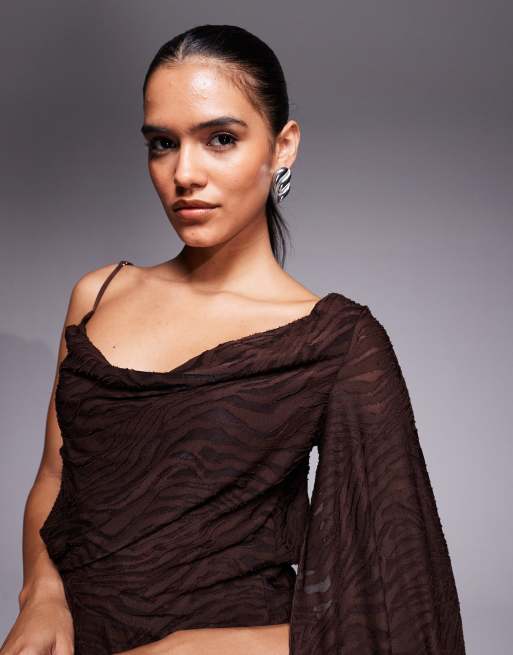 Oh Polly Angelie devore one-sleeve mini dress in chocolate, 3 of 4