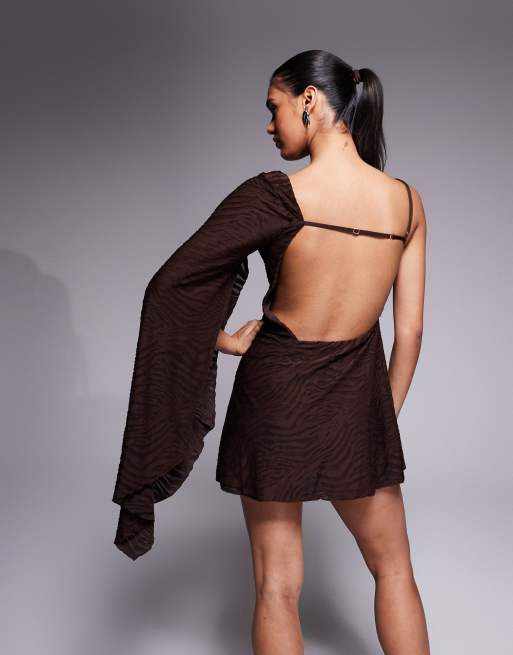 Oh Polly Angelie devore one-sleeve mini dress in chocolate, 4 of 4