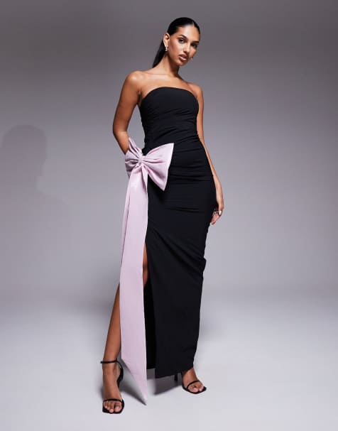 Oh Polly Angelique bandeau maxi dress in black with pink bow