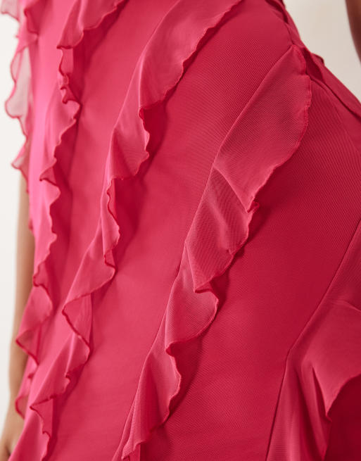 Oh Polly asymmetric frill trim strapless mini dress in fuchsia, 4 of 4