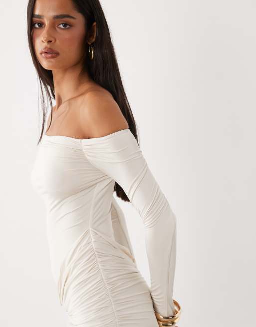 Oh Polly asymmetric neck cut out detail drape mini dress in white, 3 of 4