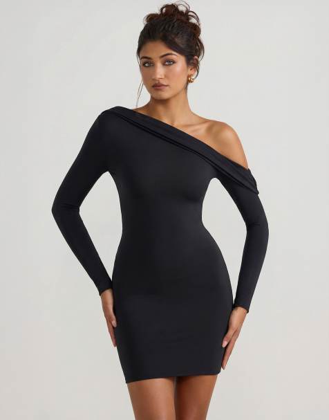 Oh Polly asymmetric off shoulder long sleeve slinky mini dress in black