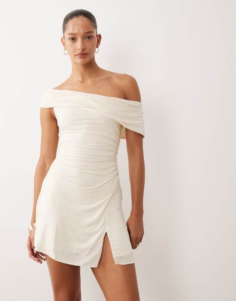 Oh Polly asymmetric off shoulder mini dress in cream - view 1