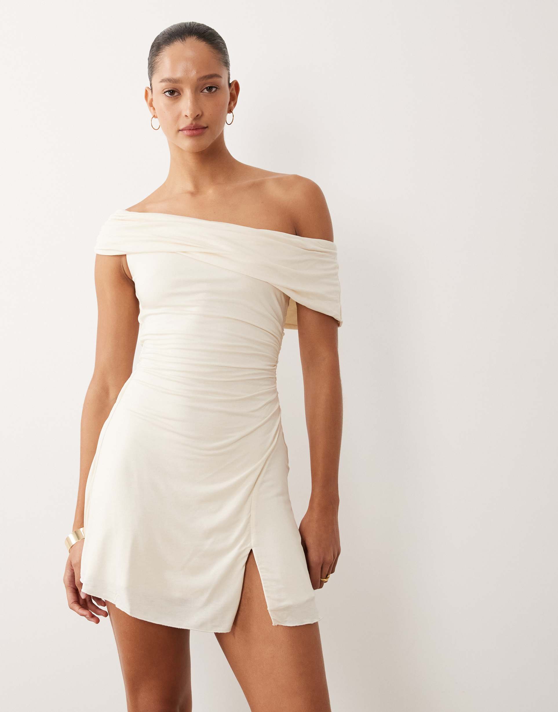 oh polly asymmetric off the shoulder mini dress in cream