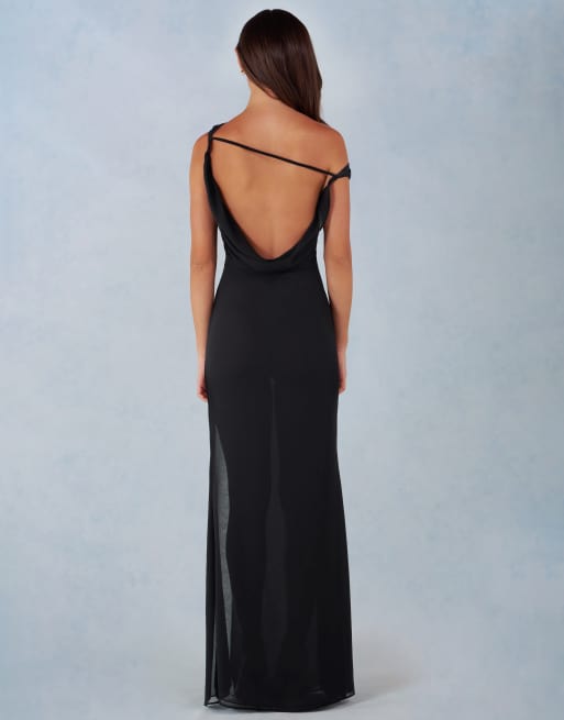 Oh Polly asymmetric one shoulder thigh high slit maxi dress in black, 3 of 4