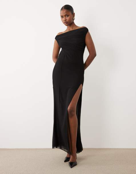 Oh Polly asymmetric one shoulder thigh high split maxi dress in black - view 1