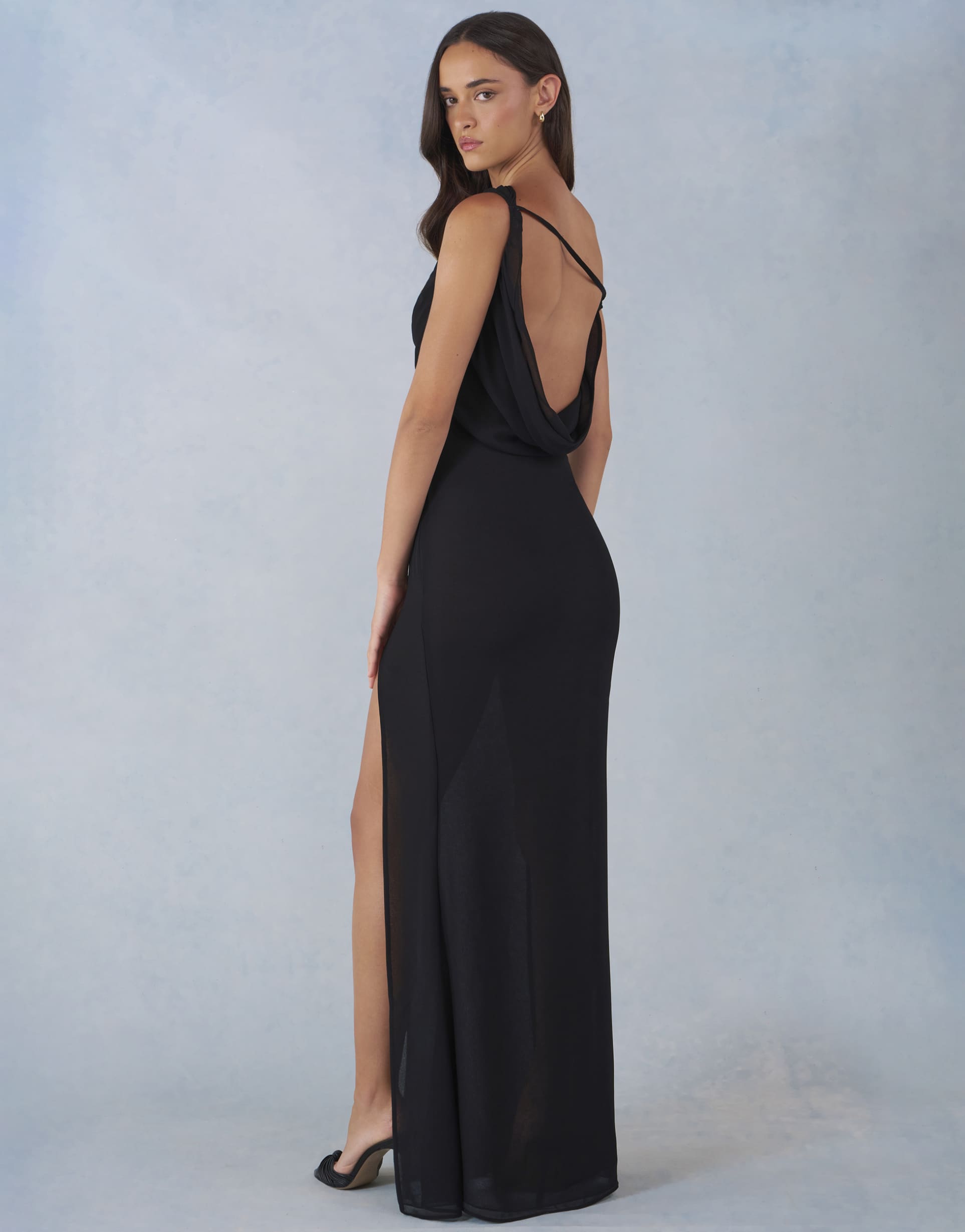 oh polly asymmetric one shoulder thigh high split maxi dress in black