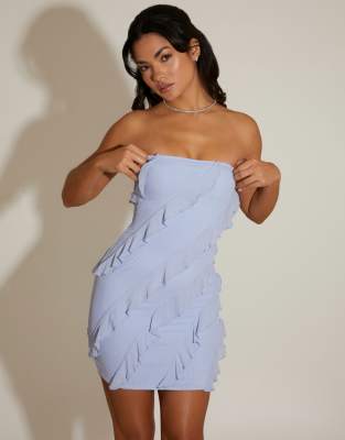 Oh Polly Asymmetric Ruffle Bandeau Mini Dress In Blue