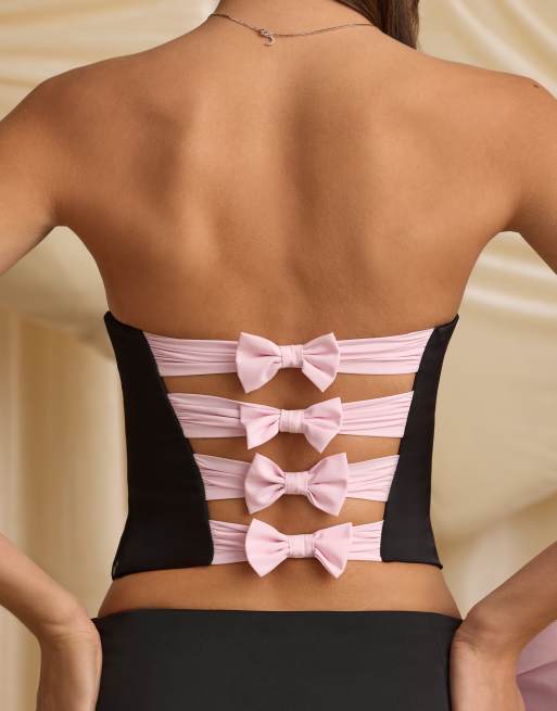 Oh Polly Audrina corset bandeau co-ord with pink bows in black, 4 of 4