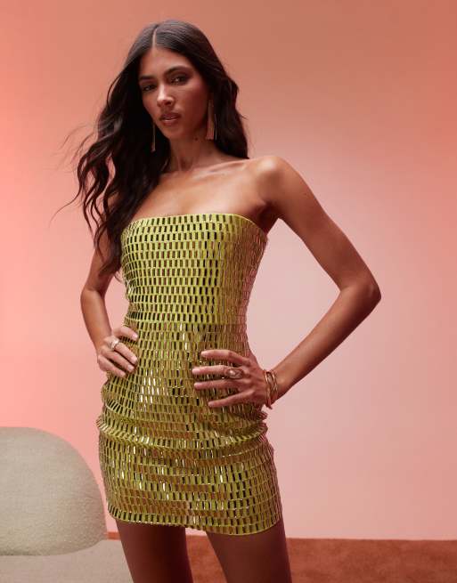 Oh Polly Aurora embellished bandeau mini dress in green