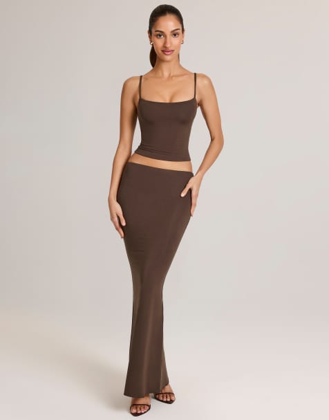 Oh Polly Avenley jersey low rise maxi skirt co-ord in chocolate brown - view 1