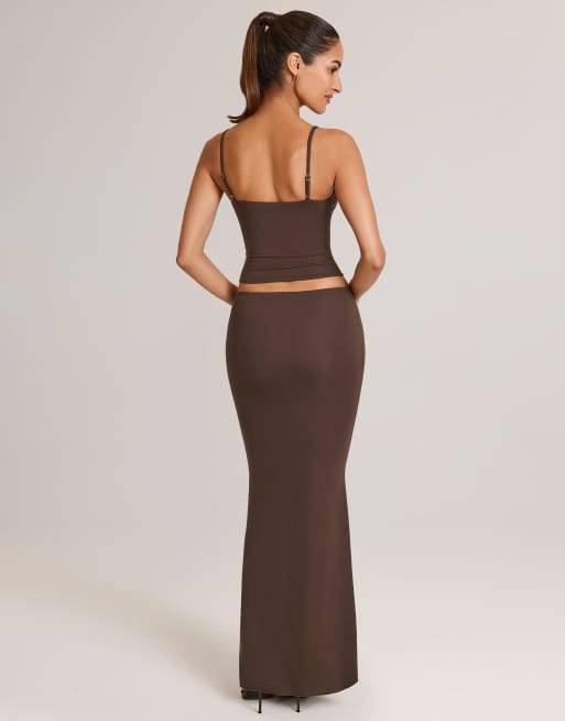 Oh Polly Avenley jersey low rise maxi skirt co-ord in chocolate brown, 3 of 4