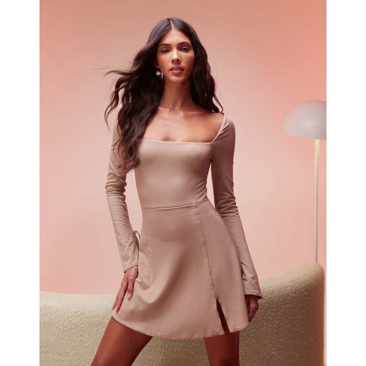 chinese dress ladies Back Track Long Sleeve Embellished Mini Dress Taupe