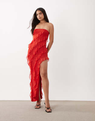 Oh Polly Bandeau Asymmetric Ruffle Detail Maxi Dress In Red