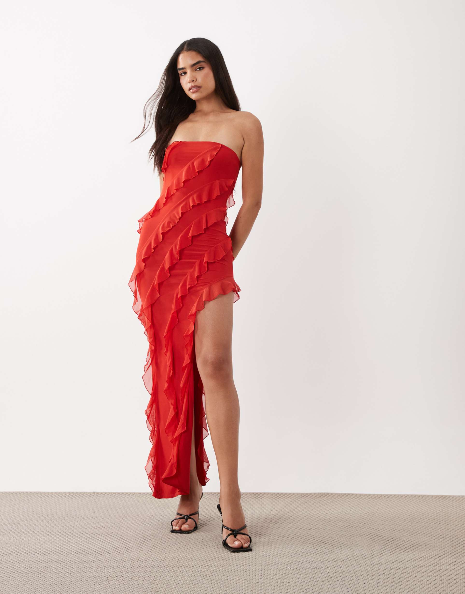 oh polly bandeau asymmetric ruffle detail maxi dress in red