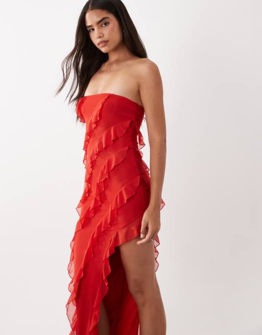 Oh Polly bandeau asymmetric ruffle detail maxi dress in red, 4 of 4