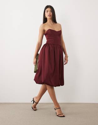 Oh Polly Bandeau Bow Detail Bubble Hem Mini Dress In Burgundy