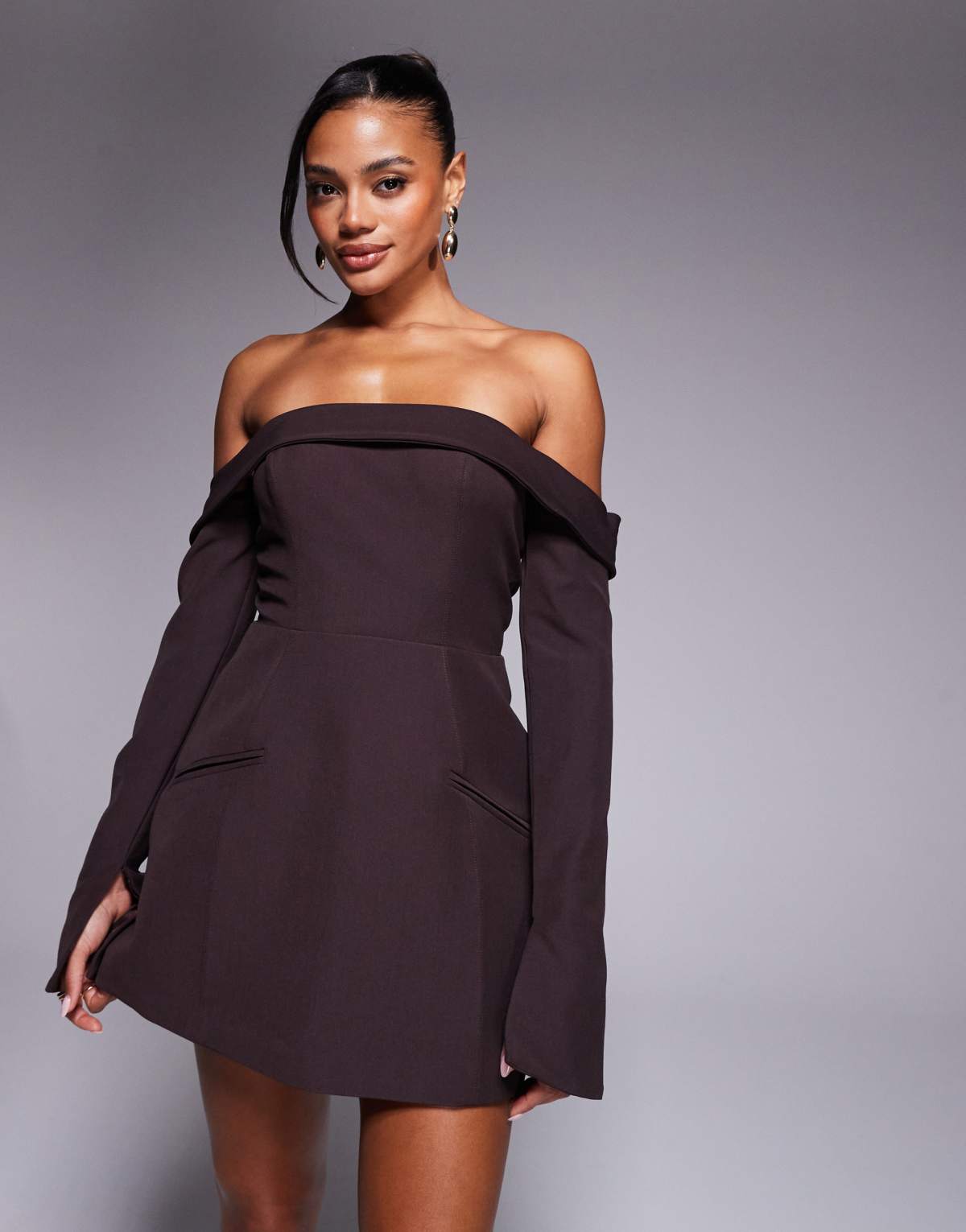 Oh Polly bardot structured mini dress with pockets in chocolate brown