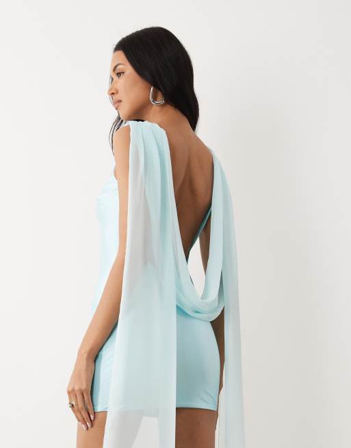 Oh Polly boat neck cowl back scarf detail mini dress in light blue, 2 of 4