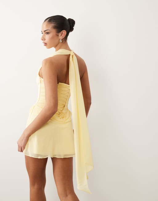 Oh Polly bonded satin halter neck corset chiffon skirt mini dress in butter  yellow | ASOS
