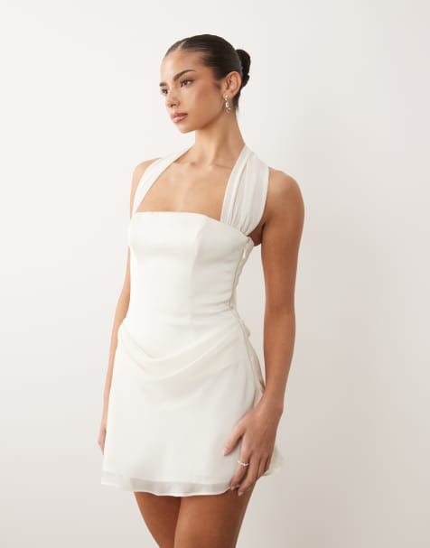 Oh Polly bonded satin halter neck corset chiffon skirt mini dress in ivory - view 1