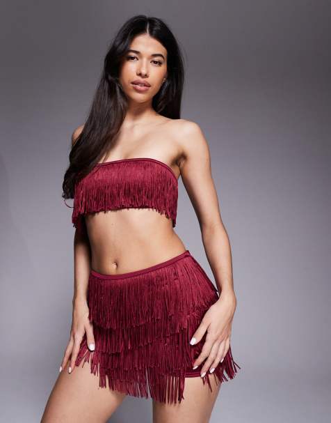 Oh Polly Bruma fringed bandeau lace-up crop top in wine red (part of a set) - view 1