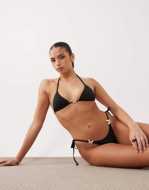 Oh Polly butterfly detail tie side triangle bikini set in black - view 1